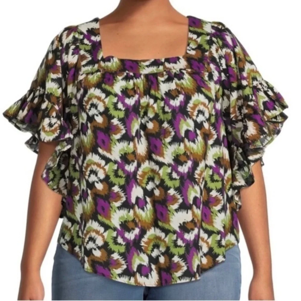 NWT Terra & Sky Tropical Women’s Square Neck Short Sleeve Peasant Top Size 4X